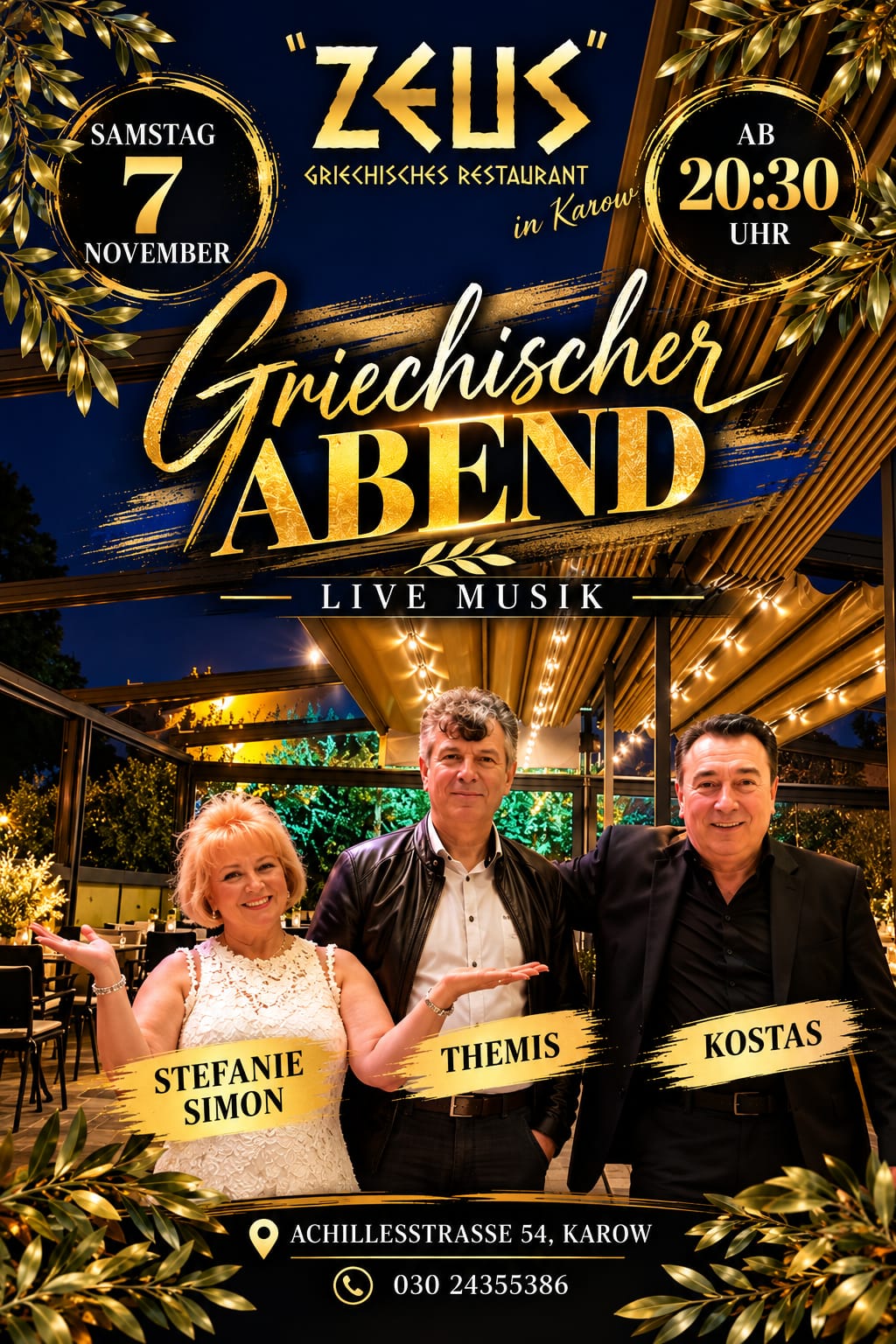 Griechischer Abend mit Live-Musik am Samstag, 7. November, ab 20:30 Uhr mit Stefanie Simon, Themis und Kostas – Achillesstraße 54, Karow, Telefon 030 24355386