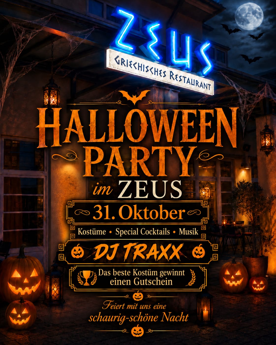 Halloween-Party im Zeus am 31. Oktober mit DJ Traxx, Kostümen, Special Cocktails und Musik – das beste Kostüm gewinnt einen Gutschein